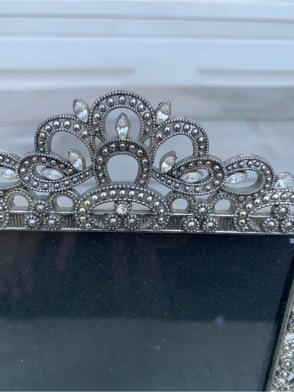 Vintage Silver Tone Ornate Metal Picture Frame Jeweled Rhinestone Marcasite 5x7